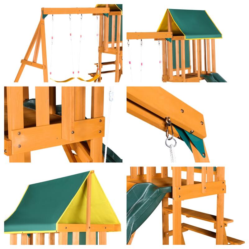 Outdoor 3 in 1 Wood Swing Set with Slide, 2 Swings and Climber