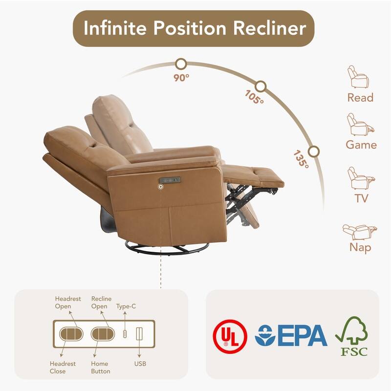 Spruce & Spring Genuine Leather Swivel Glider Recliner with Adjustable Headrest