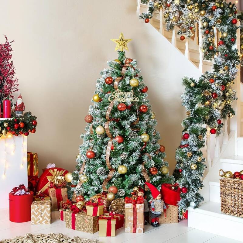 Garvee 4.5Ft Pre-Lit Flocked Artificial Christmas Tree with Pine Cones