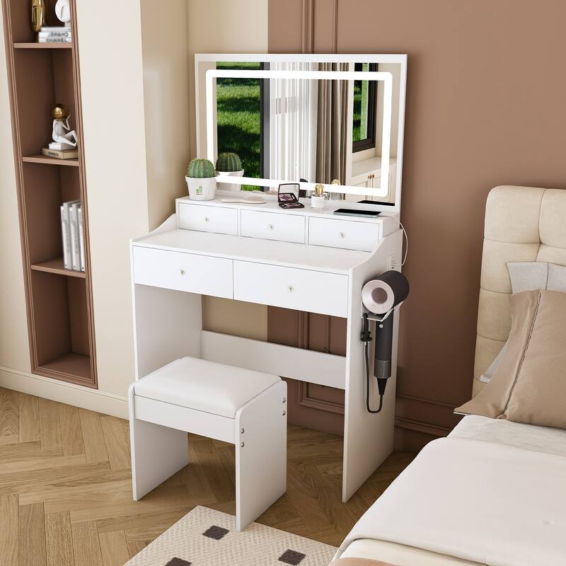 Large Mirror Vanity Desk for Bedroom, Modern Makeup Vanity with Power Outlet and Hair Dryer Holder, Dressing Table & Stool Set