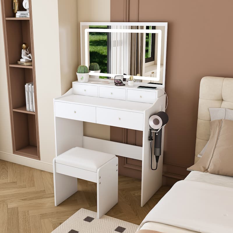 Mirror Vanity Desk,Makeup Vanity Set with Power Outlet and Hair dryer holder,5 Drawers,3 Lighting Color Adjustable