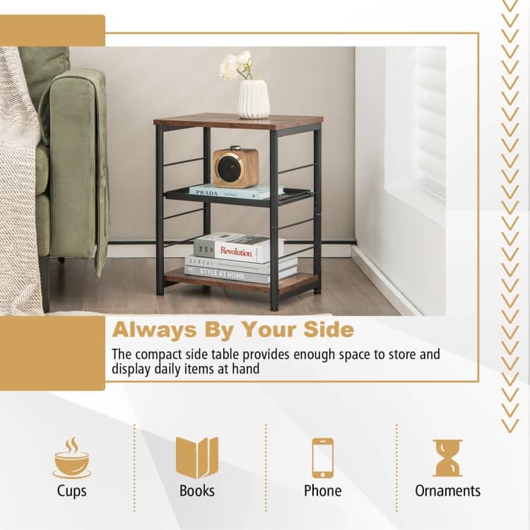 3-Tier Industrial Side Table with Adjustable Mesh Shelf-Rustic Brown - 15" x 12" x 20" (L x W x H)