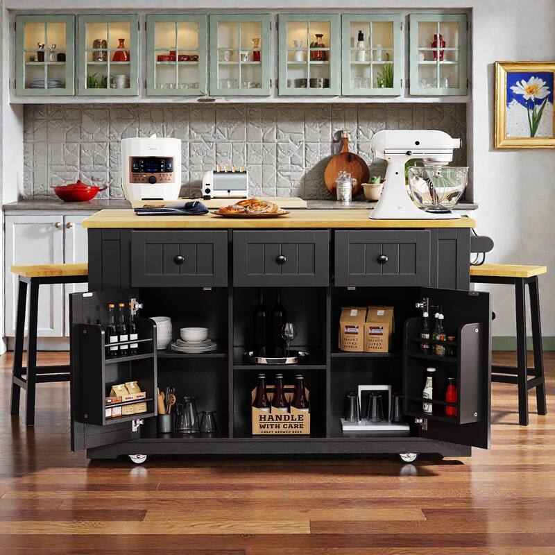 53" Large Kitchen Island with Drop Leaf, Power Outlet, Rolling Cart with Internal Door Racks, Wheels