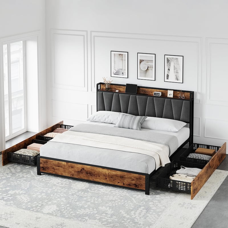 Bed Frame with Storage Linen Upholstered Headboard