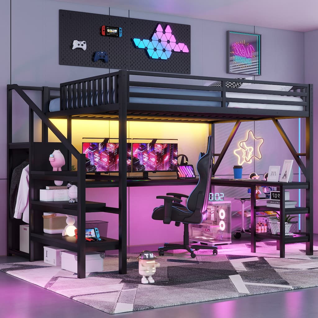 Metal Queen Loft Bed with Wardrobe and LED Light, Queen Size Loft Bed with L Shaped Desk and USB for Kids Teens Adults