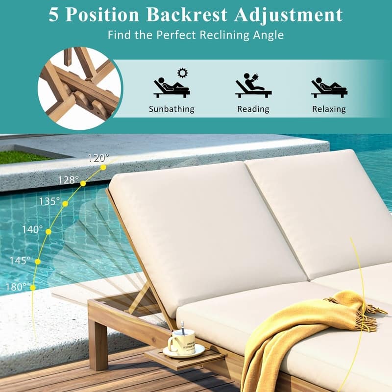 Acacia Wood Double Outdoor Chaise Lounge with 5-Position Adjustable Backrest