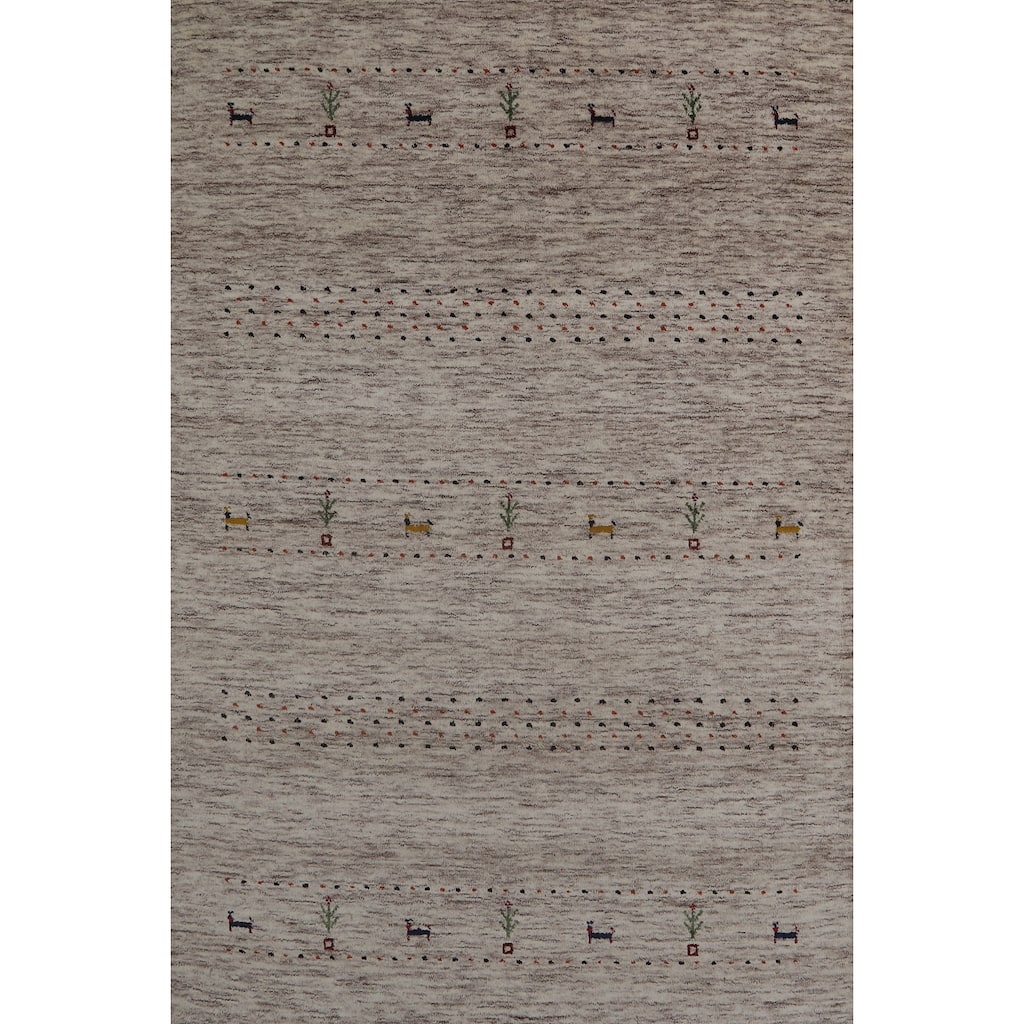 Hand Knotted Oriental 100% Wool Carpet Tribal Animal Pictorial Beige & Ivories Gabbeh Area Rug - 5' 9'' X 4' 1''