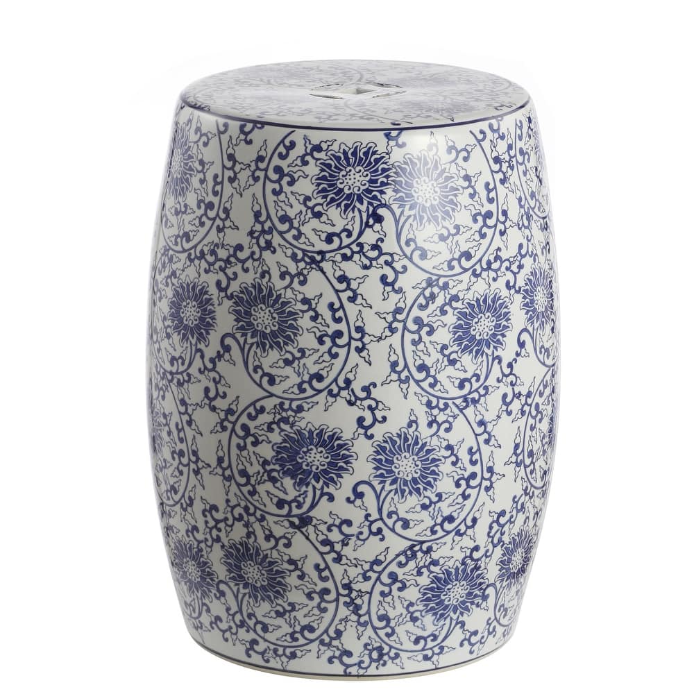 Lotus Blossom 17.5" Chinoiserie Ceramic Drum Garden Stool, Blue/White
