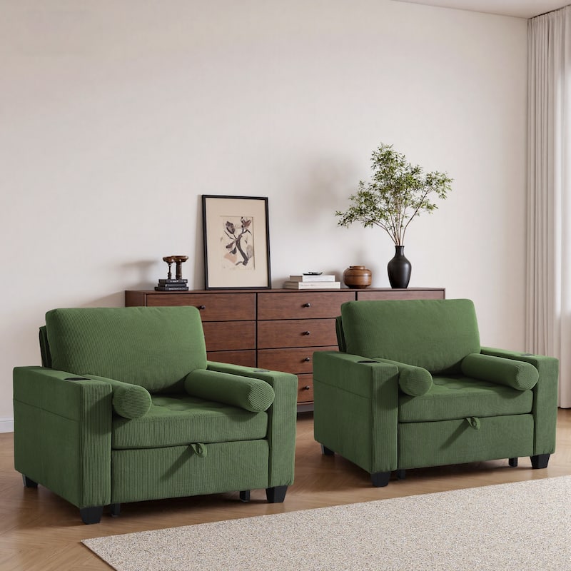 Corduroy Upholstered Accent Chair Convertible Sleeper Chair Set of 2