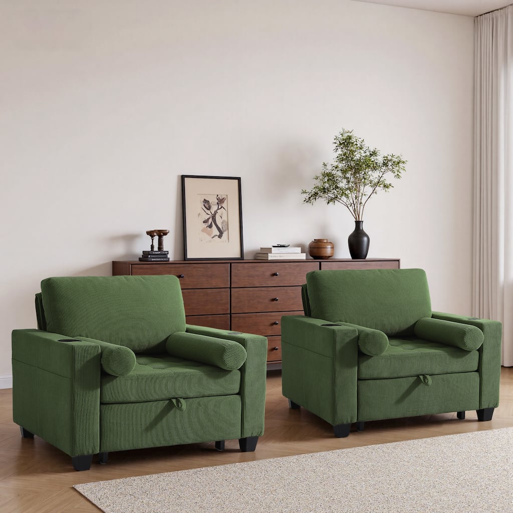Corduroy Upholstered Accent Chair Convertible Sleeper Chair Set of 2