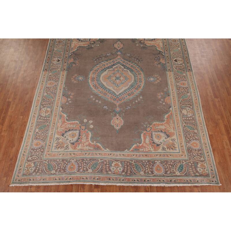 Brown Geometric Tabriz Vintage Persian Area Rug Handmade Wool Carpet - 9'4" x 12'5"