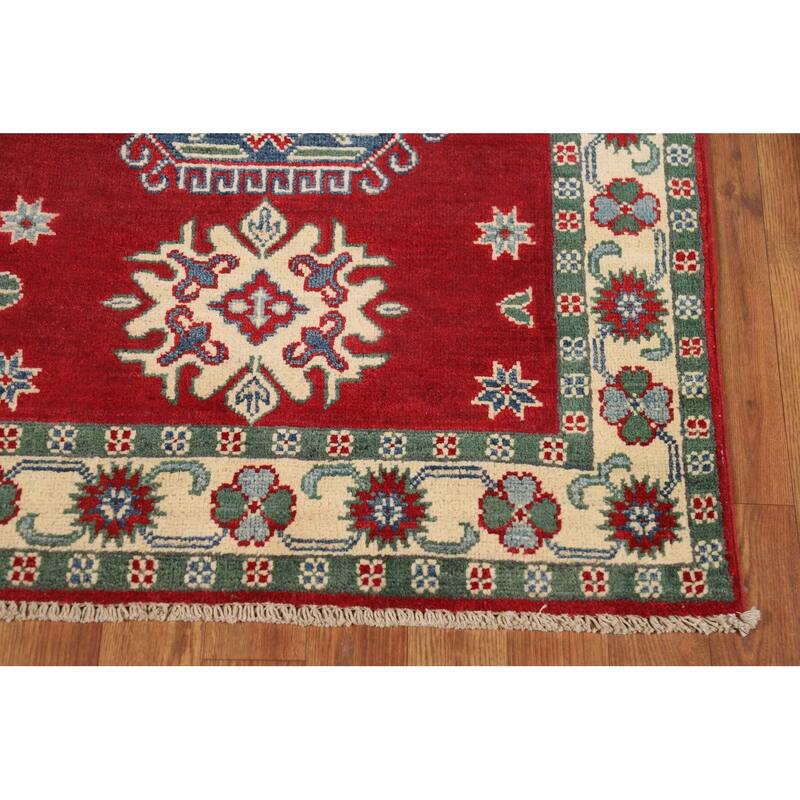 Red Kazak Foyer Rug Geometric Hand-Knotted Wool Carpet - 2'9"x 4'3"