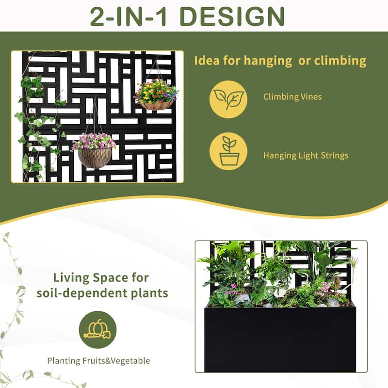 2-in-1 Black Metal Garden Planter Box with Trellis for Climbing Plants Flowers Vegetables or Patio - (35.8 x 16.1 x 70.5) in