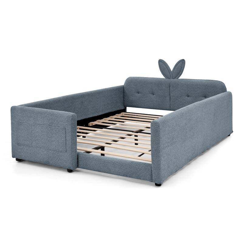 Full Size Upholstered Platform Bed with Bunny Ear Headboard, Safety Rail & Pocket