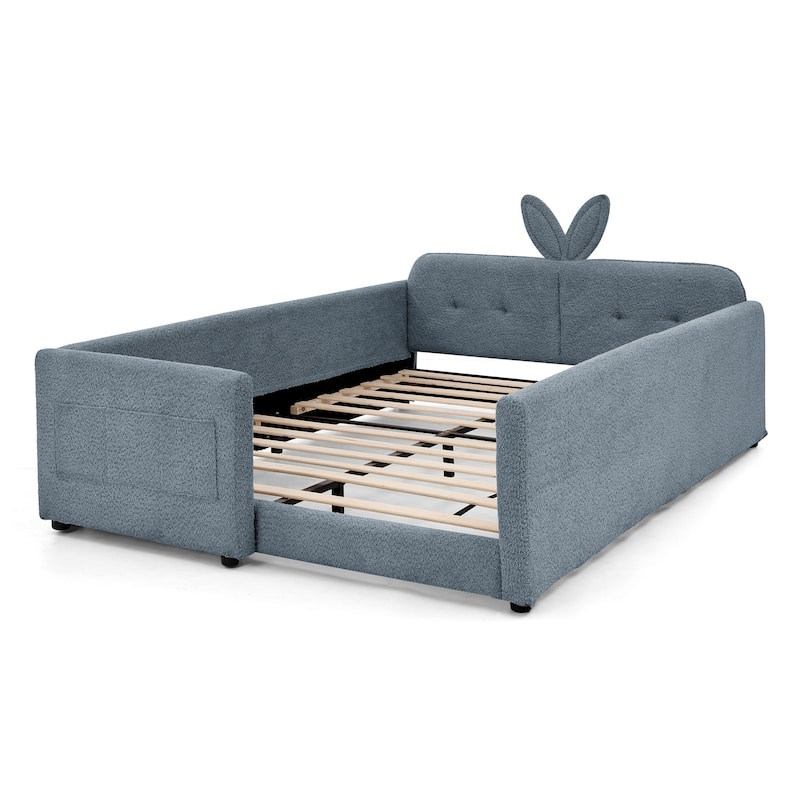 Upholstered Platform Bed with Safety Rail Pocket and RabbitEar Platform Bed w/Skin-friendly Boucle Wood Slat Support Bed Frame