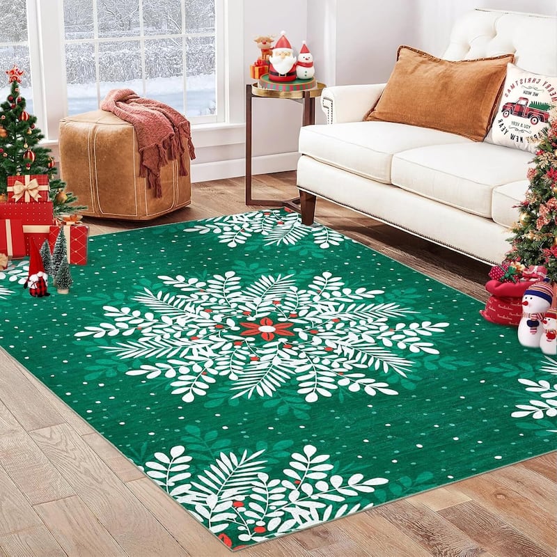 Christmas Snowflake Washable Area Rug, Floor Carpet for Holiday Decor, Green - 5*7ft