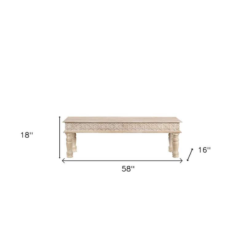 HomeRoots 58" White Floral Distressed Solid Wood Dining Bench - 58.00 in. x 18.00 in. x 16.00 in.