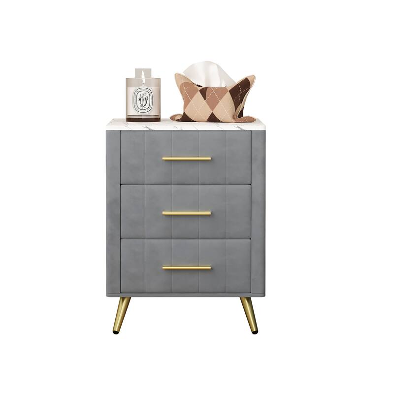 Upholstered Wooden Nightstand with 3-Drawer and Metal Legs and Handles