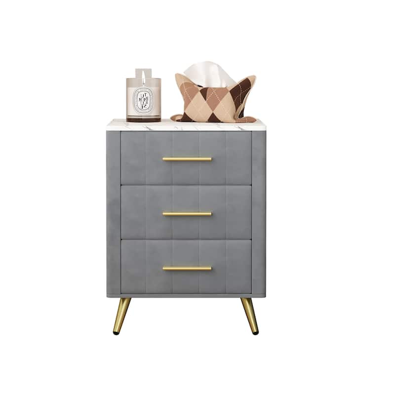 Velvet Nightstand with Storage, Round /Square Bedside Table with 3 Drawers, Metal Handles,Marbling Stickers Top