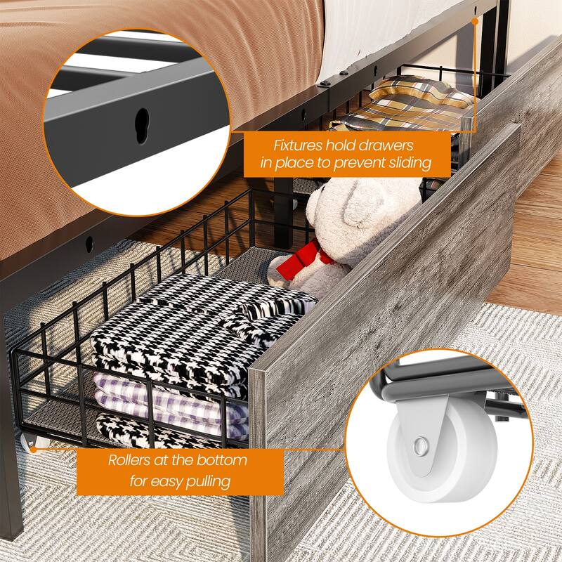 Platform Bed with Hiden Drawers, Bed Frame with Headboard and Charging Station