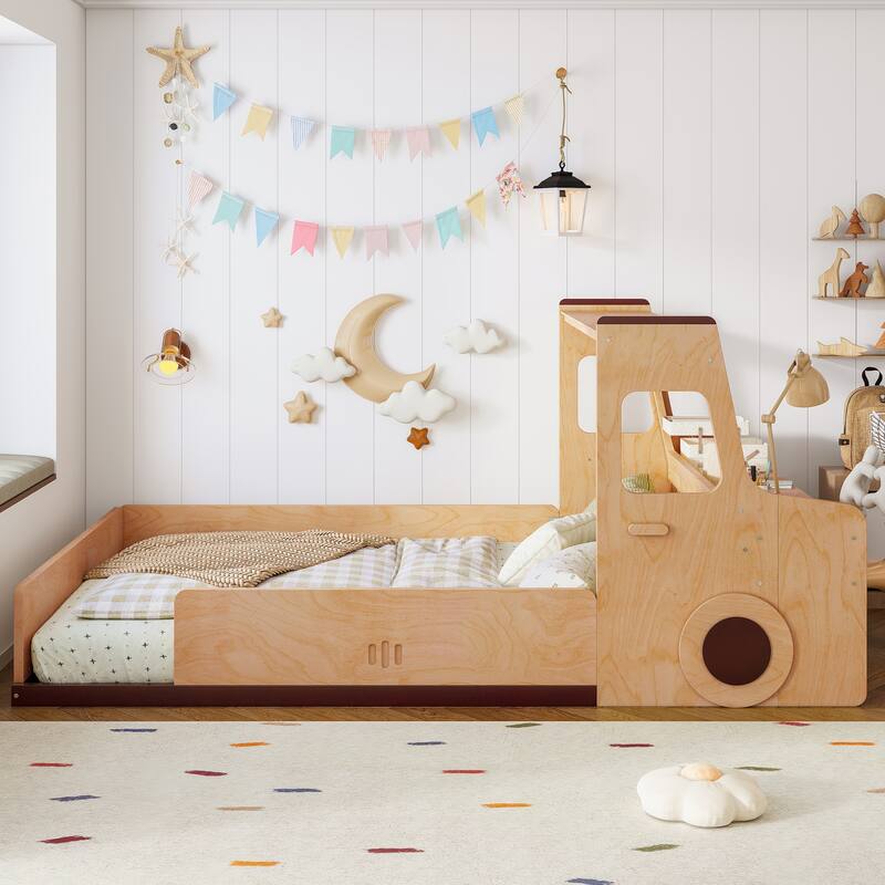 Roomfitters Full Size Car Shaped Floor Bed with Storage Drawers and Built-in Desk, Wood Frame