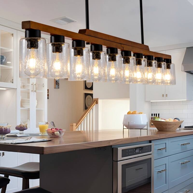 Farmhouse Chandelier for Dining Room Kitchen Island Rustic Wood Linear Pendant Light with Seed Glass Shade