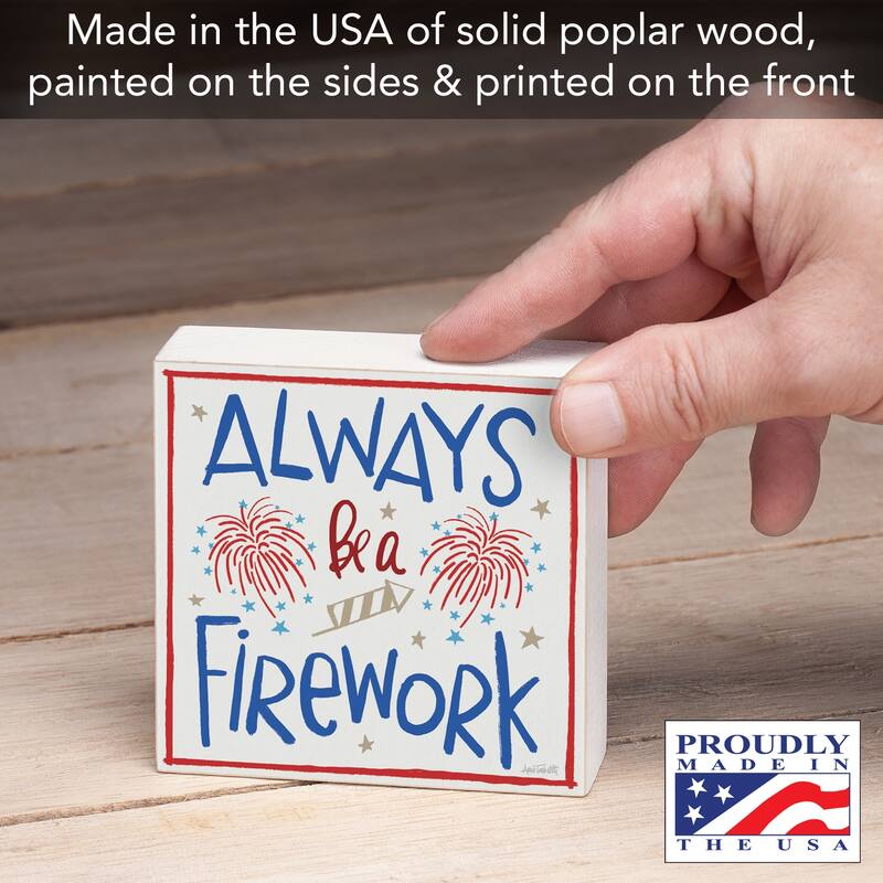 Firework Artistic Freestanding Solid Wood Block Sign Made in the USA 3.75” Square Decorative Accent for Home or Office - Multi