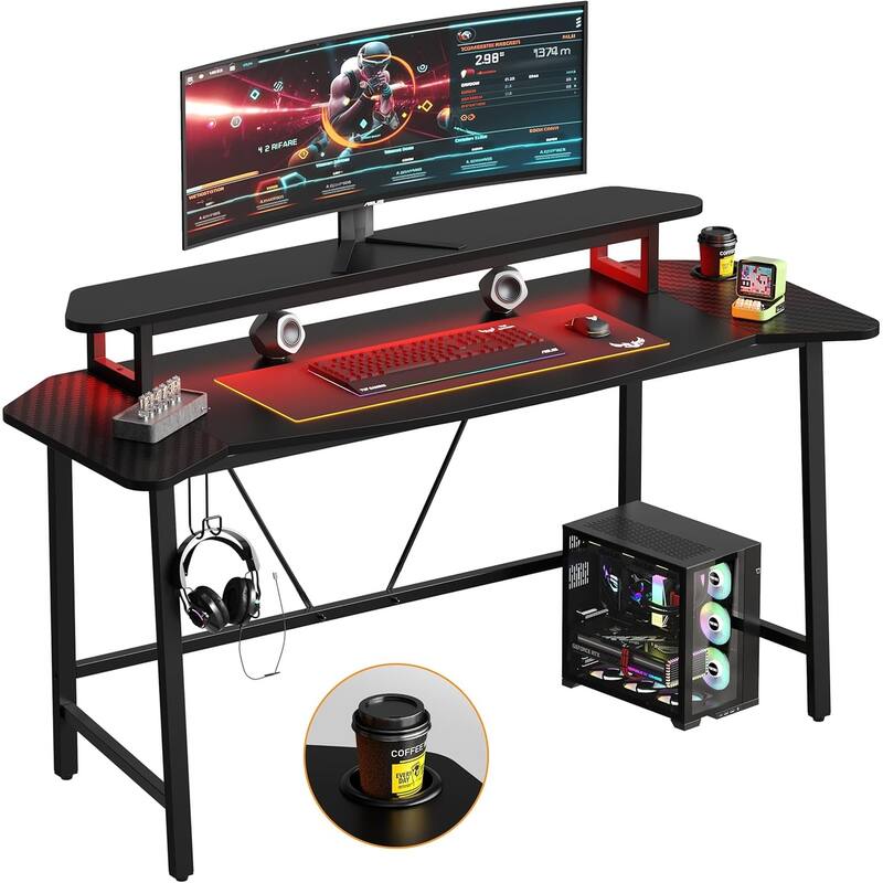 Bestier Gaming Desk 63" Computer Office table with LED Lights & Monitor Stand