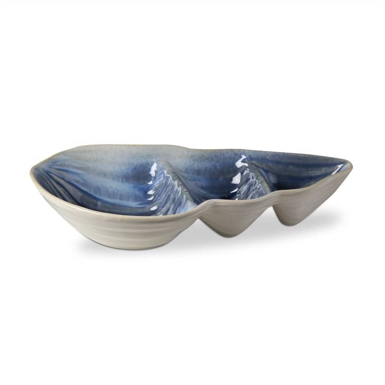 Blue Multi Ceramic Conch Shell Divided Dish Serving Platter 24oz Dishwasher Safe 12x6x2.5 Everyday Decorative Plate