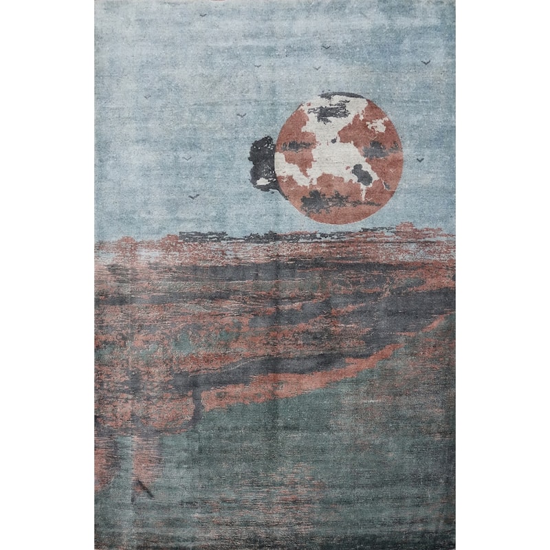 Hand Knotted Oriental Viscose Silk Carpet Modern Pictorial Multi-Colored Abstract Area Rug - 7' 8'' X 5' 9''