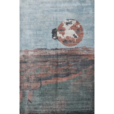 Hand Knotted Oriental Viscose Silk Carpet Modern Pictorial Multi-Colored Abstract Area Rug - 7' 8'' X 5' 9''