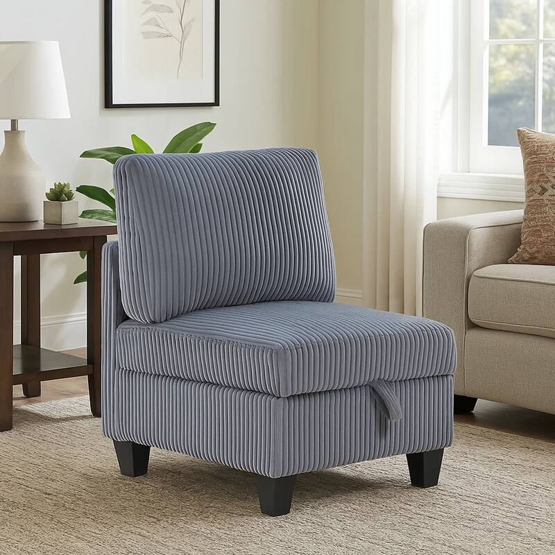 Ellene Modular Armless Chair With Storage, Soft Gray Corduroy
