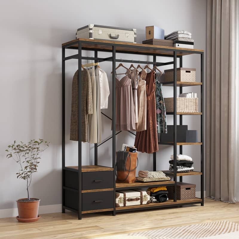 Brown and Black Clothes Rack Multiple Storage Racks Wardrobe Storage Rack - Brown