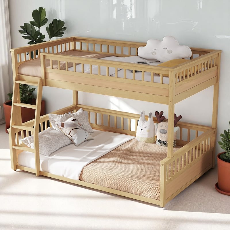 Convertible Twin XL Over Queen Size Bunk Bed with Safety Rails, Ladder and Wood Slats, No Box Spring Needed