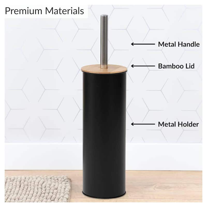 Metal Toilet Brush and Holder Set With Bamboo Lid