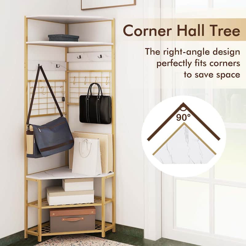 Gymax 5-Tier Corner Hall Tree w/ Shoe Storage Bench 12 Metal Hooks for