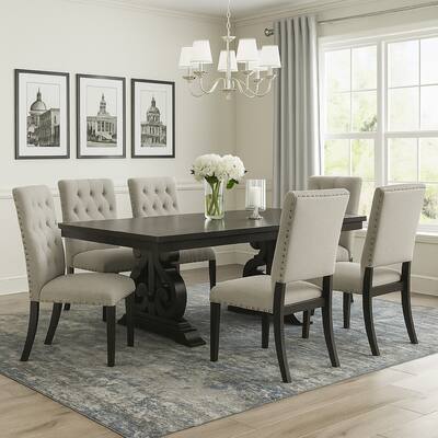 Wooden Rectangular Dining Table With Scrolled Motifs Base, Rustic Walnut