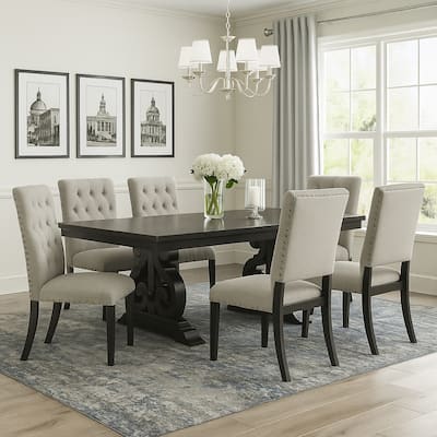 Wooden Rectangular Dining Table With Scrolled Motifs Base, Rustic Walnut