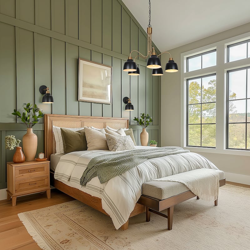 Mid-century Modern 5-Light Wheel Chandelier Black Gold Pendant for Dining Room Bedroom - Dia. 25.2" x H 22.4"