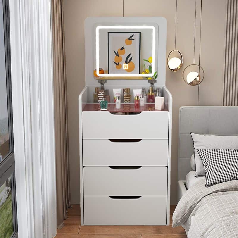 Anmytek White 3 in 1 Vanity Cabinet with Flip Mirror and Stool, Makeup Storage for Small Spaces