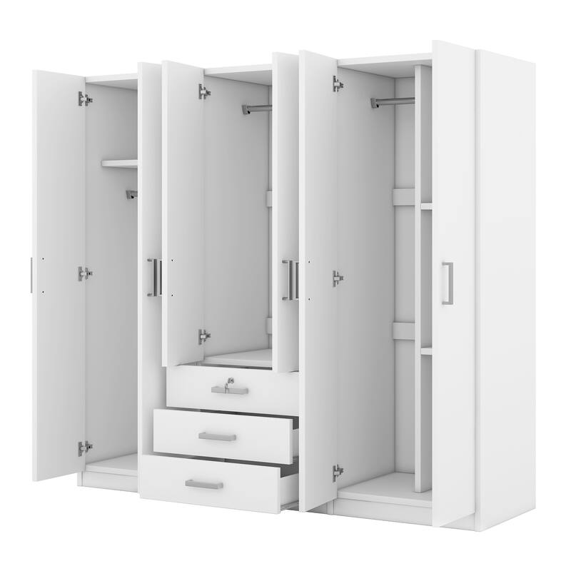 Wardrobe Versatile Storage Cabinet with Drawers, White 6-Doors Bedroom Clothing Storage Cabinet Organizer
