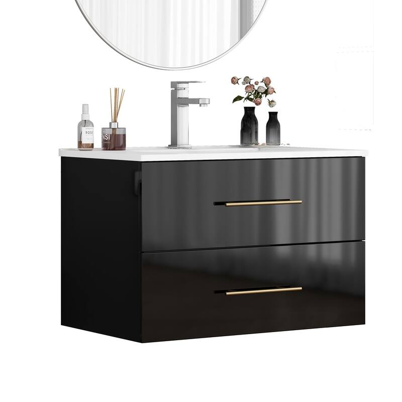 30-Inch Gloss Wall-Mounted Bathroom Vanity with Sink Combo, Double Drawers,Ceramic Sink,Long Metal Handle