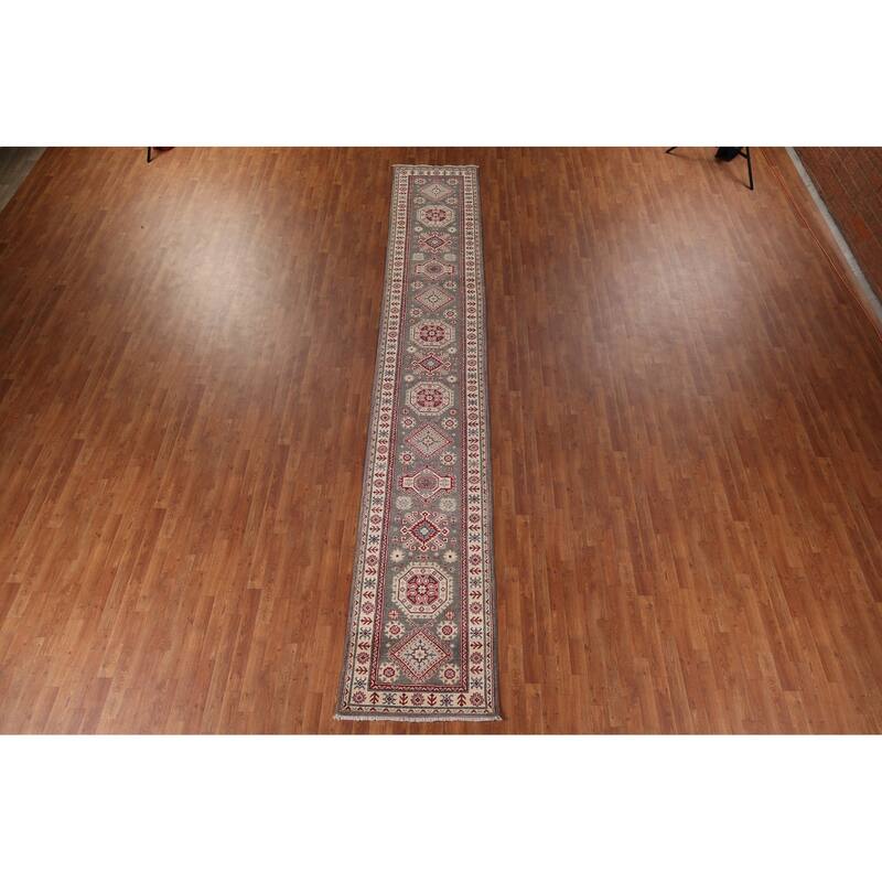 Gray Geometric Kazak Oriental Runner Rug Handmade Wool Carpet - 2'8" x 16'4"