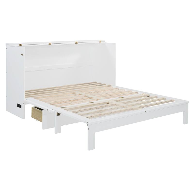 Space-Saving Queen Size Murphy Bed with Drawers and USB Charging, White