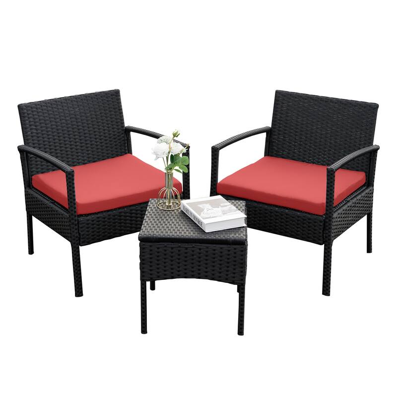 Outdoor Furniture 3 Piece Patio Bistro Furniture Set, Rattan Conversation Chairs Set with Side Table and Cushions