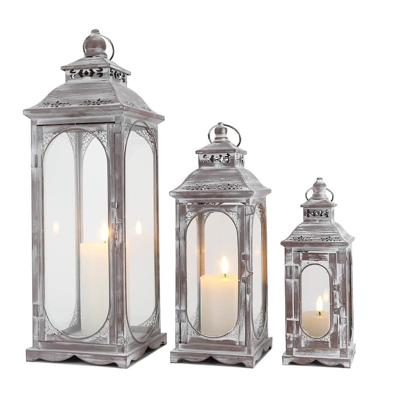Set of Three Clear And Gray Glass And Metal Tabletop Lantern Candle Holders