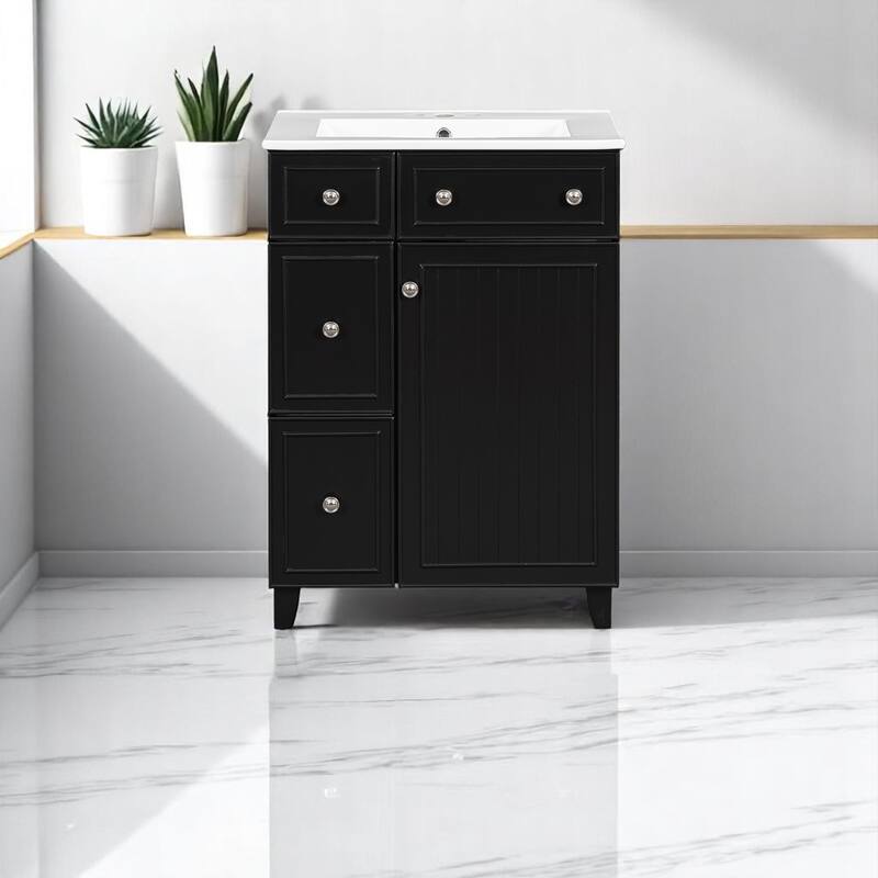 24" Bathroom Vanity with Ceramic Sink, 2 Drawers, Soft-Close Door, Freestanding Cabinet for Small Spaces, MDF and Wood