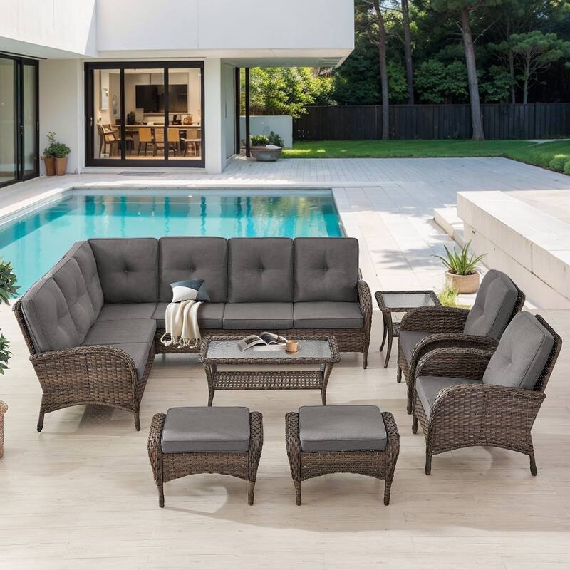 Gymojoy L-Shaped Outdoor Sectional Sofa Set with Patio Chairs Ottomans & Coffee Table - Grey - 7-Piece
