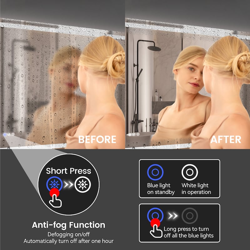 Clear LED Bathroom Mirror with Aluminum Frame, Anti-Fog and Dimming - 48” x 36”