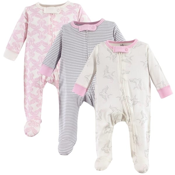 slide 1 of 1, Touched by Nature Baby Girl Organic Cotton Zipper Sleep and Play 3pk, Bird 0-3 Months - Bird